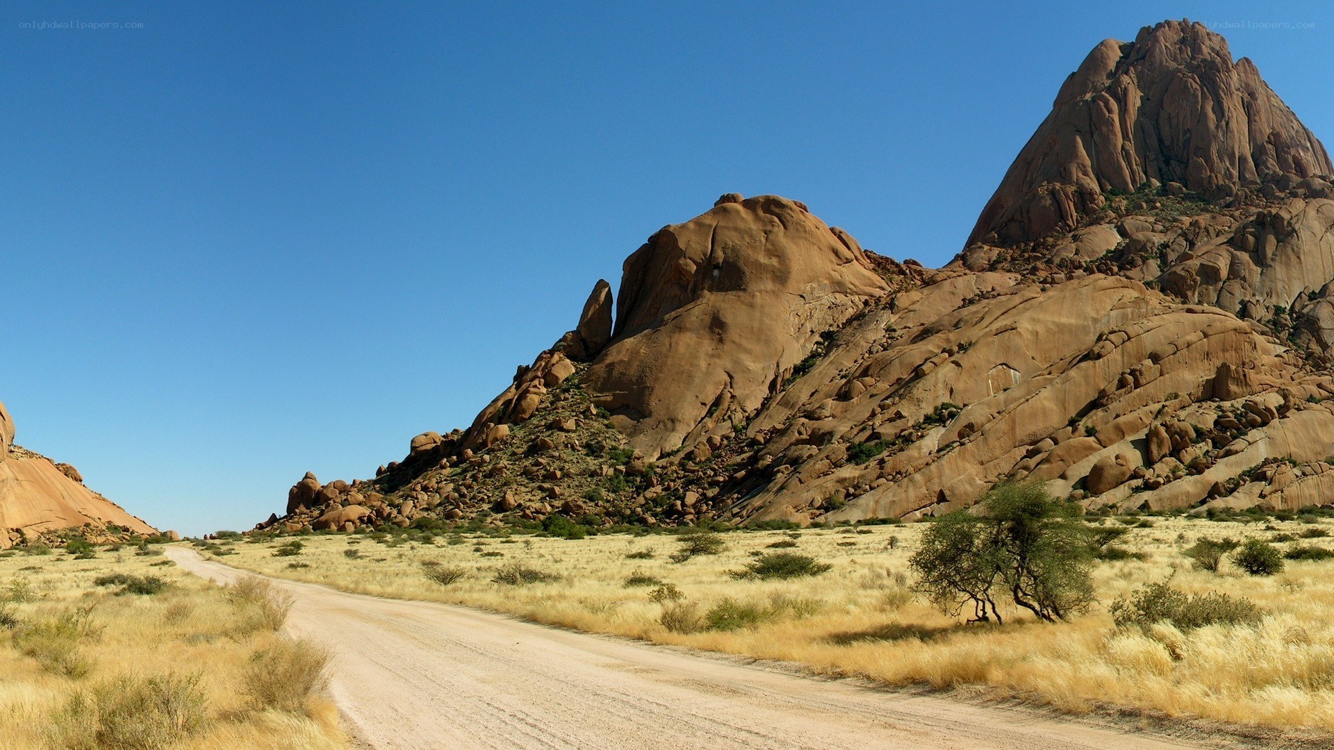 Desert road with rock formations