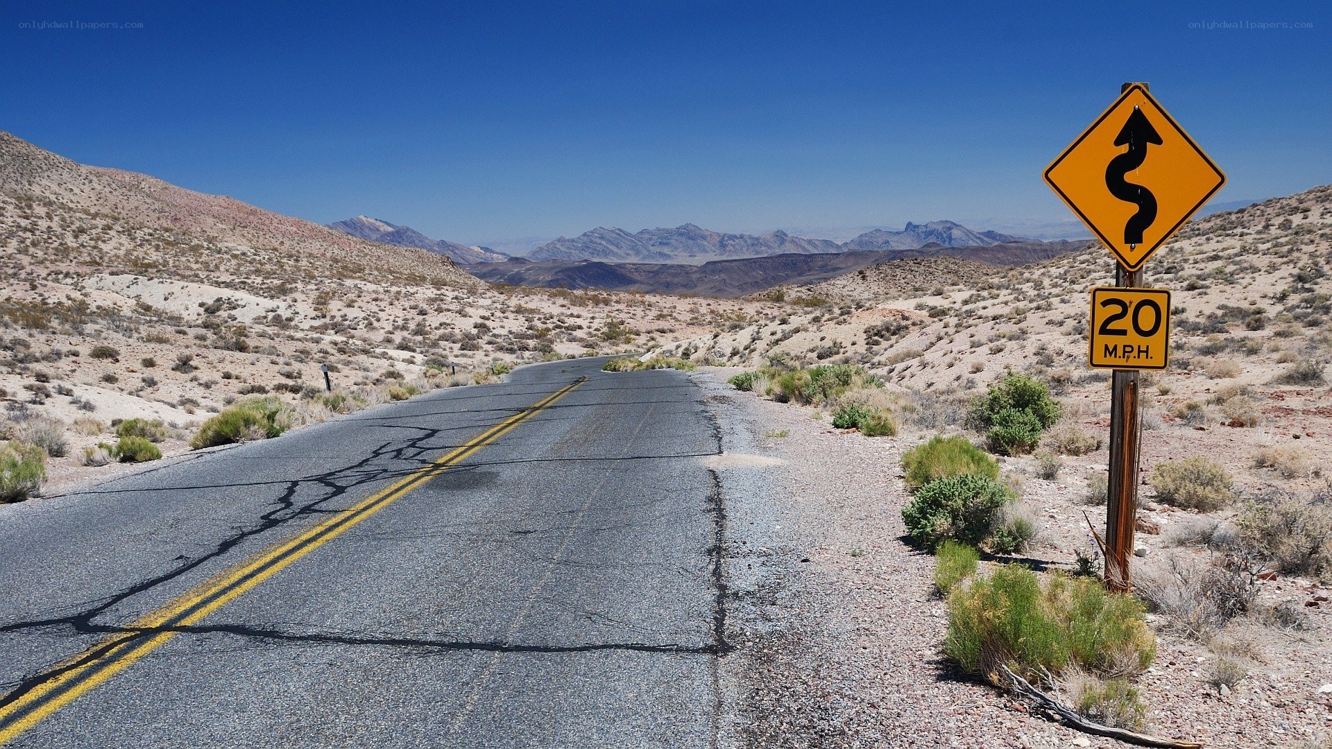 Desert road with winding sign