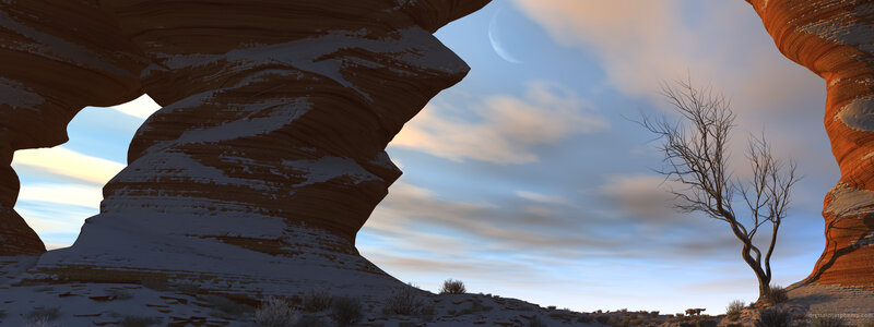 Desert rock formation with moon