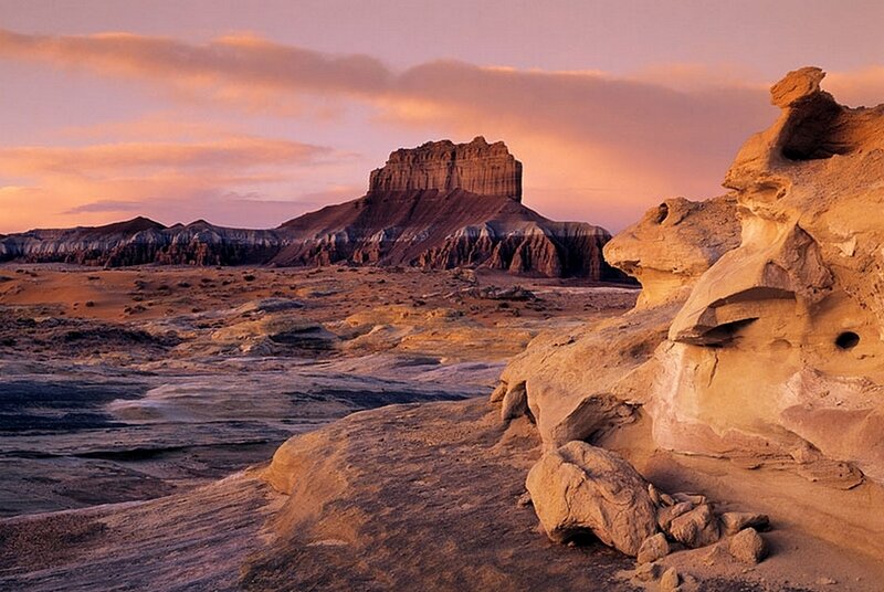 Desert rock formations at sunset