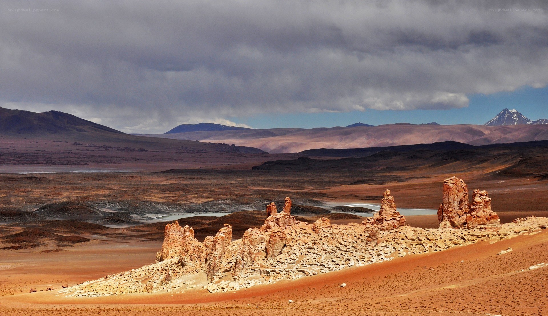 Desert rock formations under cloudy sky