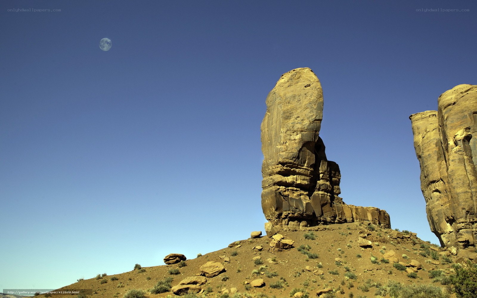 Desert rock formations under moon