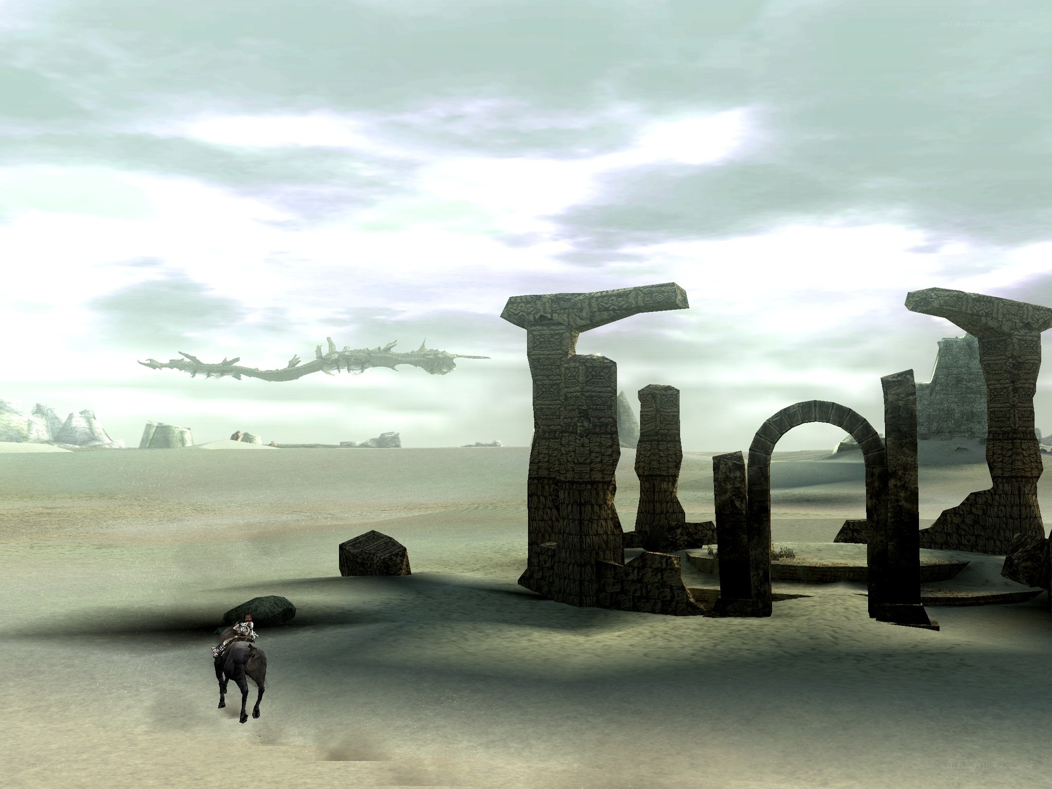 desert ruins with flying creature