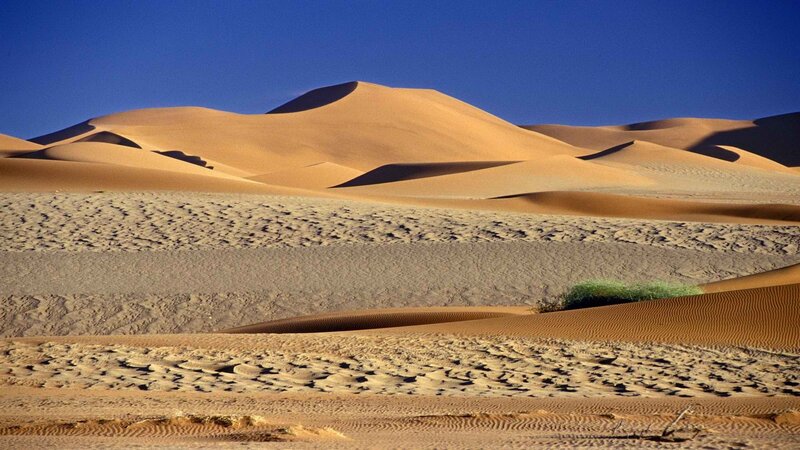 Desert sand dunes under blue sky