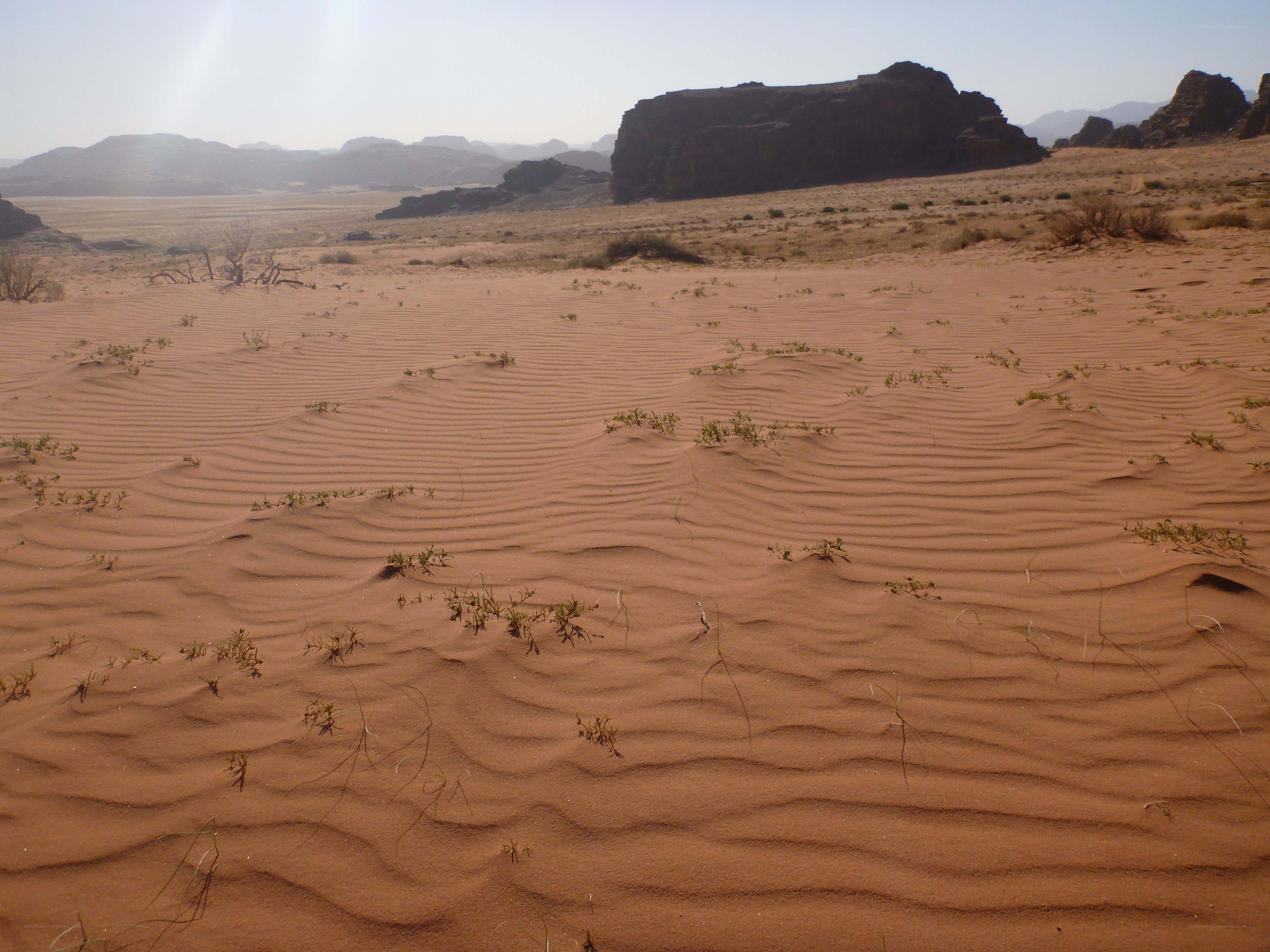 Desert sand dunes with rock formations
