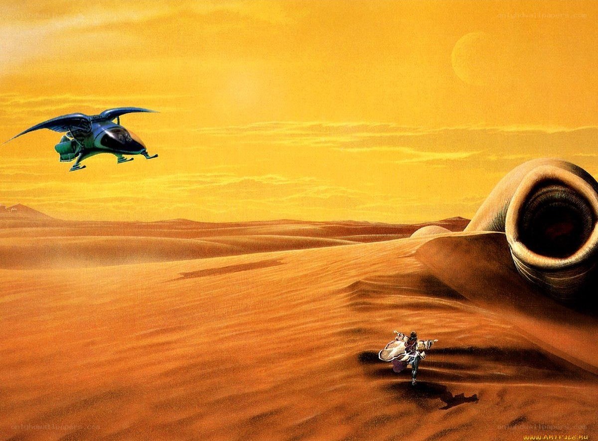 Desert scene with flying vehicle