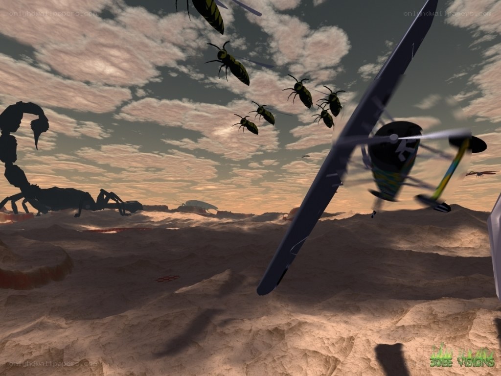 Desert scene with giant insects