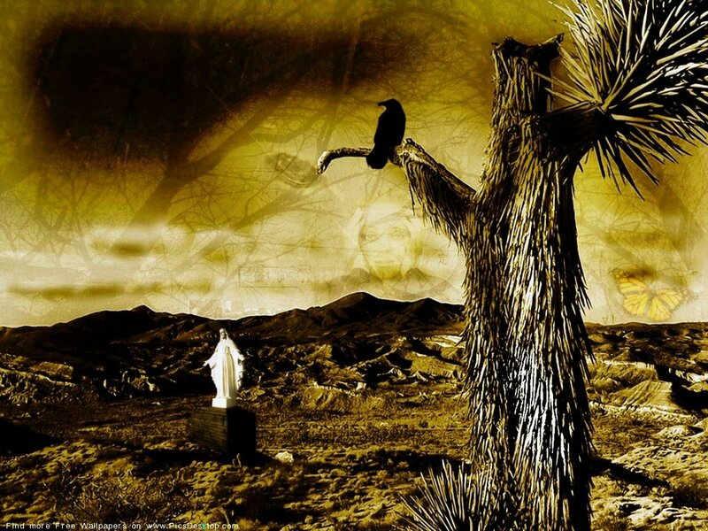 Desert statue with crow