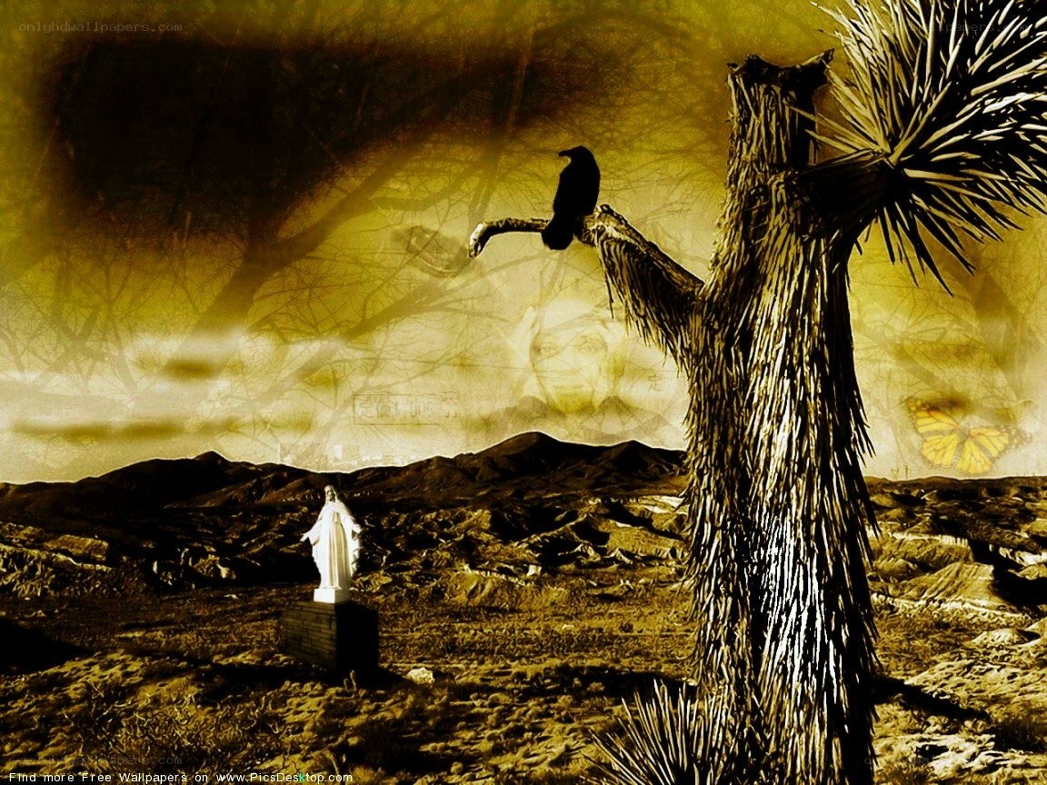Desert statue with crow