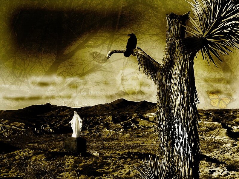 Desert statue with crow