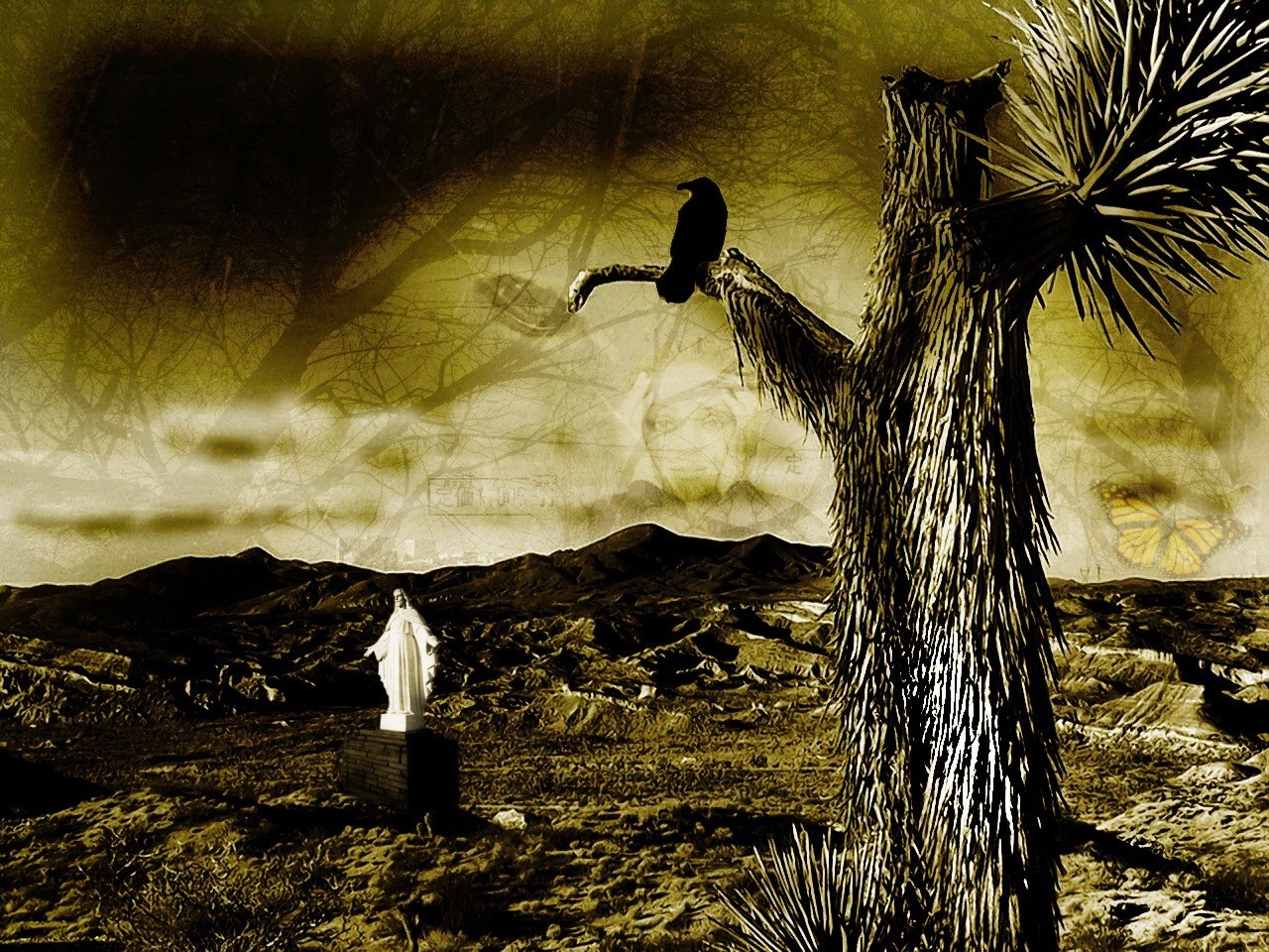 Desert statue with crow