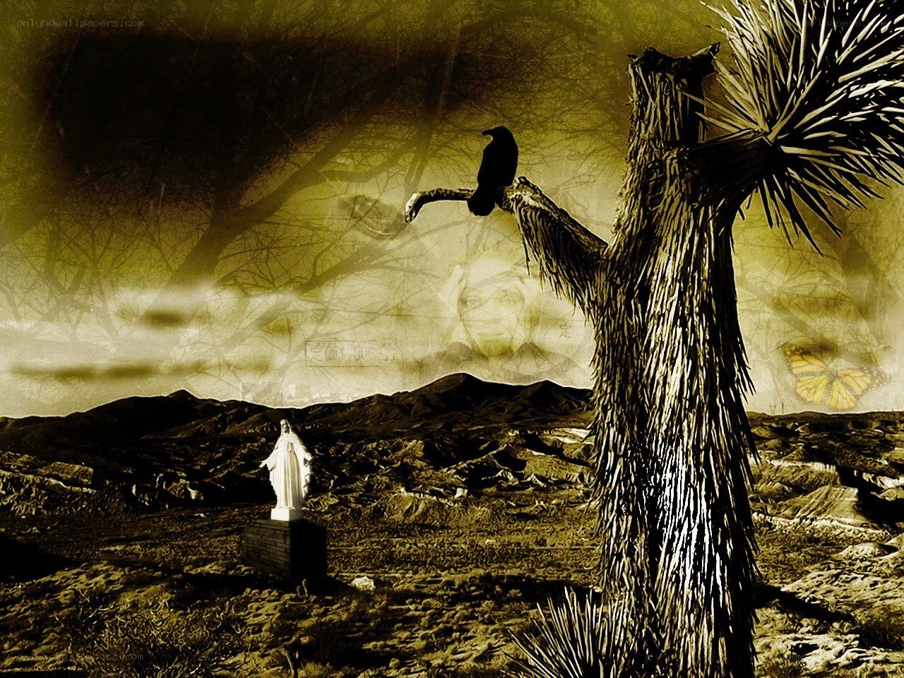 Desert statue with crow