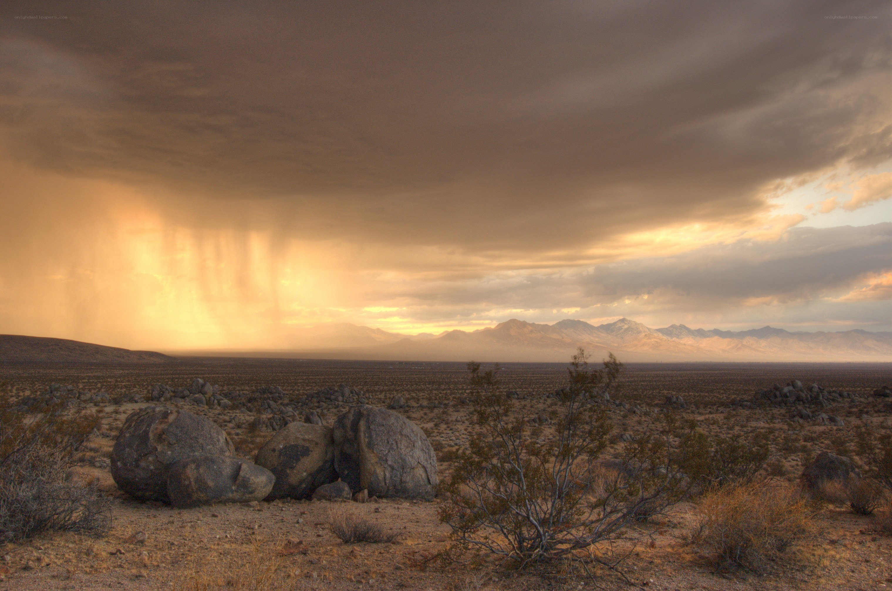 Desert storm at sunset
