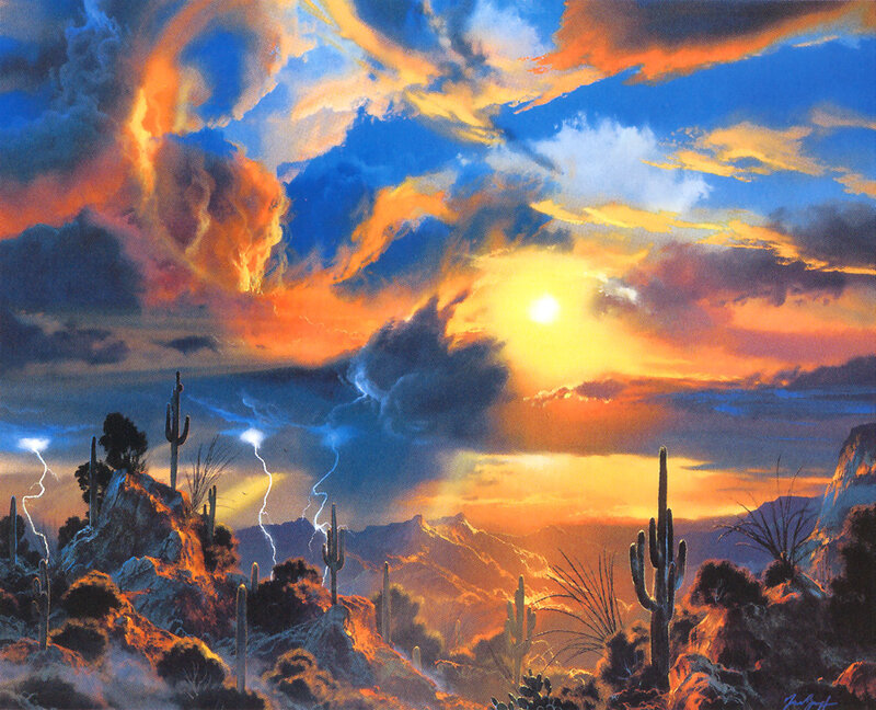 Desert storm at sunset