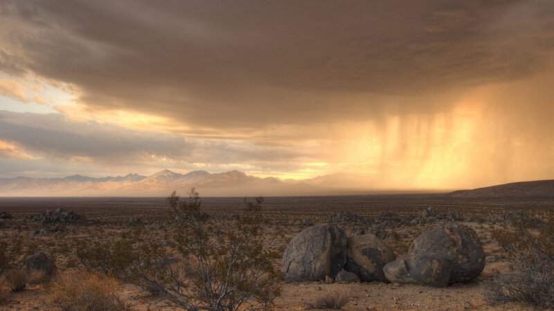 Desert Storm with Rain — Brown, Dramatic, Sunset, Photograph, Mountains, Rocks