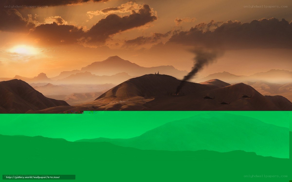 Desert sunset with helicopters
