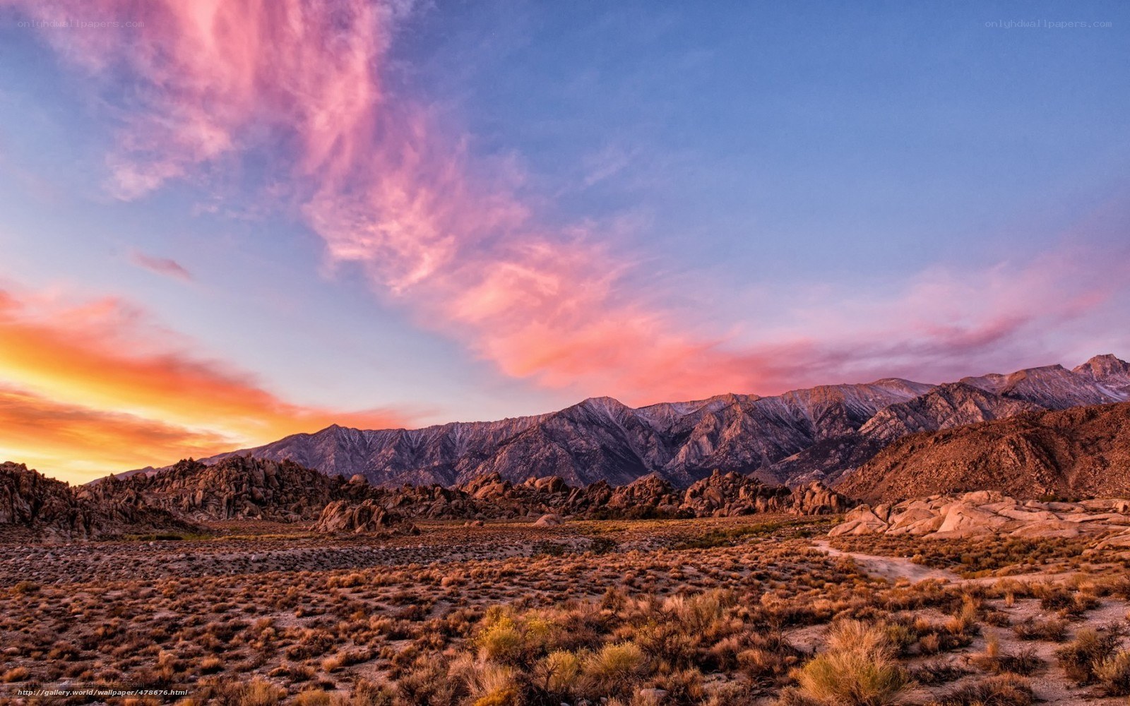 Desert sunset with pink clouds