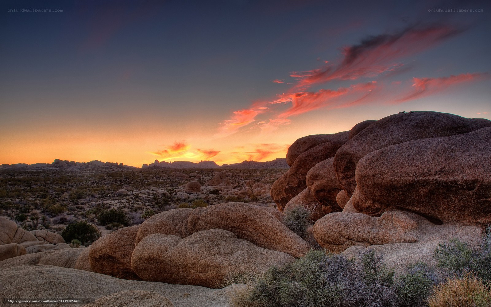 Desert sunset with rock formations