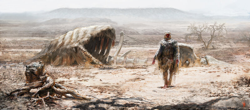 Desert survivor with giant skeleton