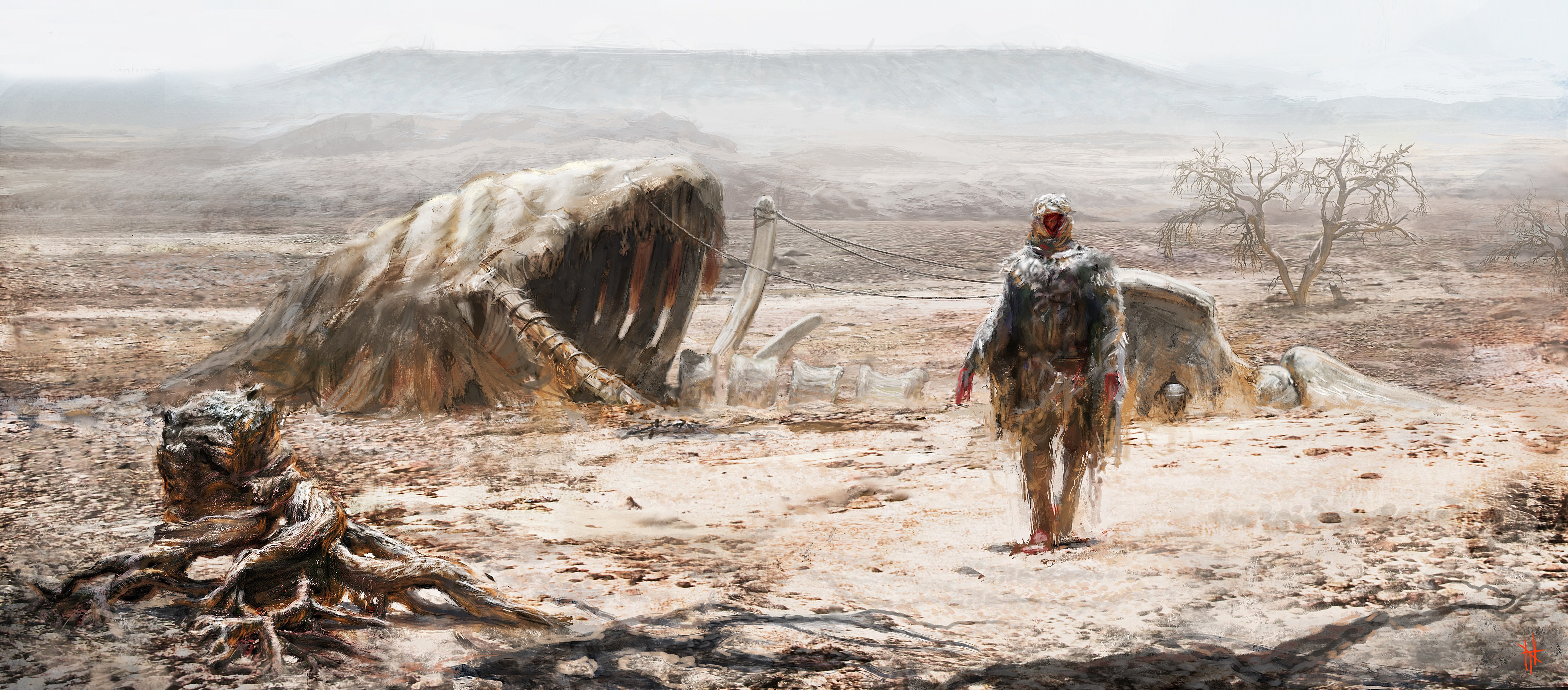 Desert survivor with giant skeleton