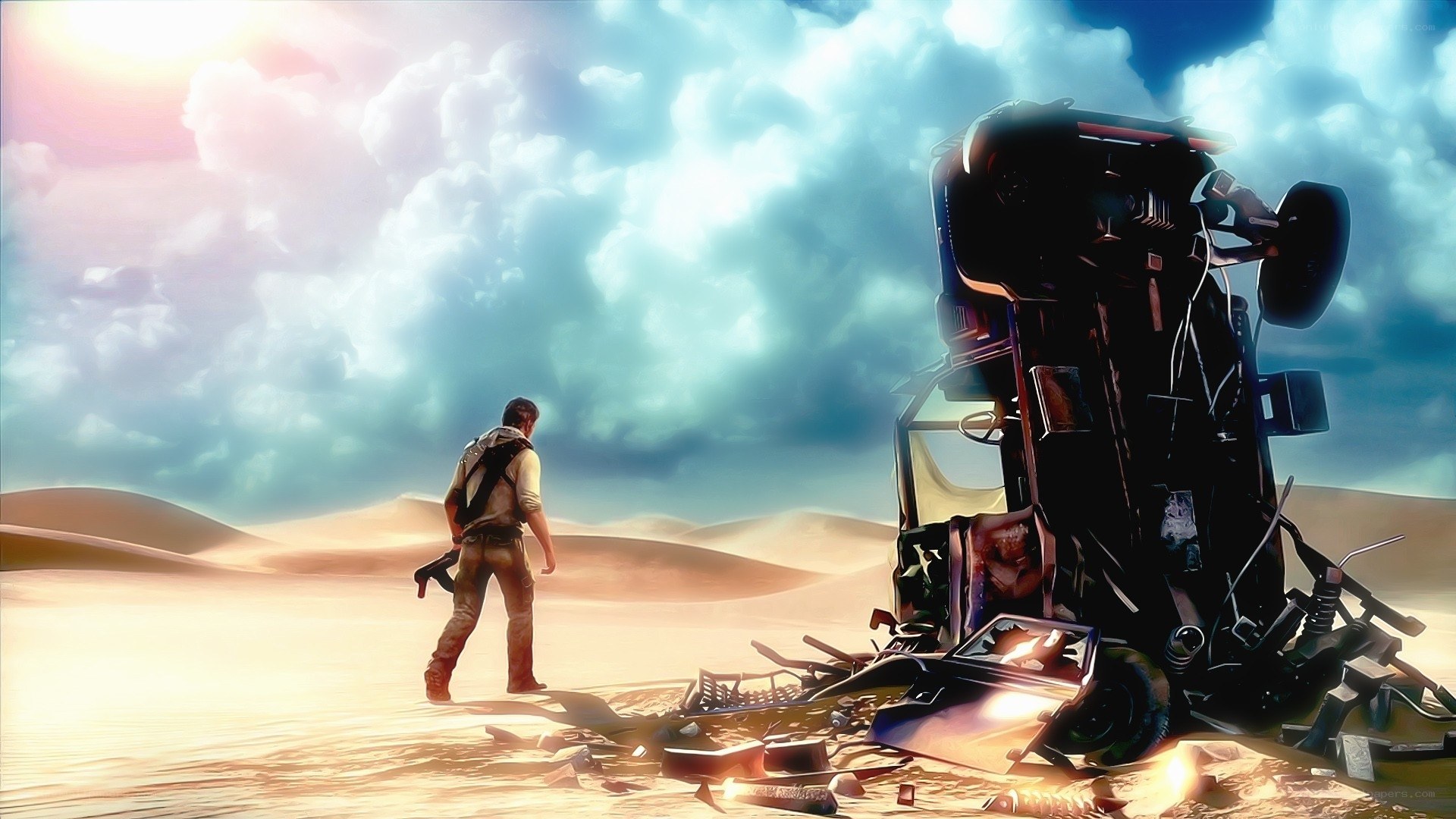 Desert survivor with wrecked vehicle