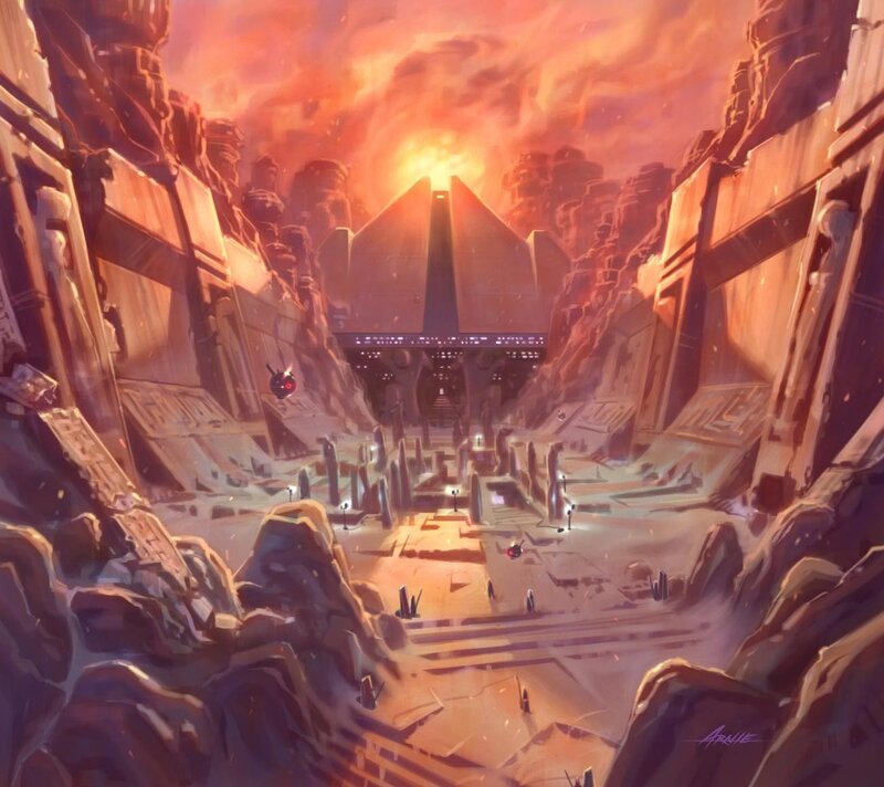 Desert temple at sunset