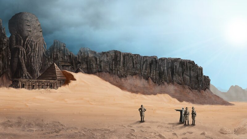 Desert temple with giant statue