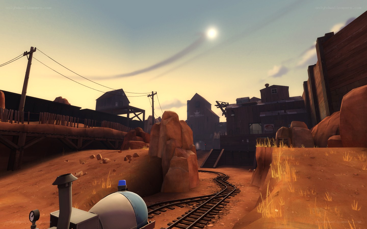 Desert town with train tracks