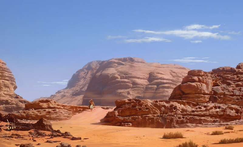 Desert traveler in rocky landscape