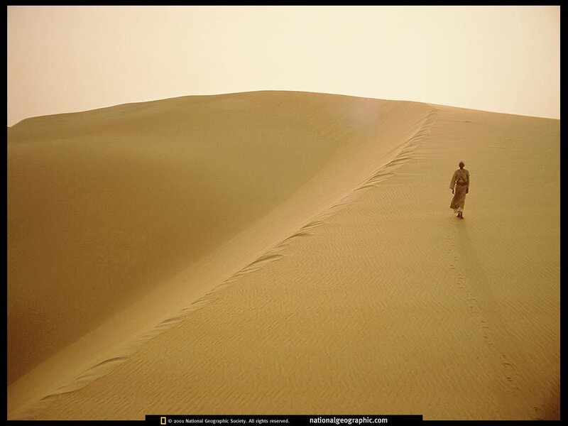 Desert traveler on sand dune