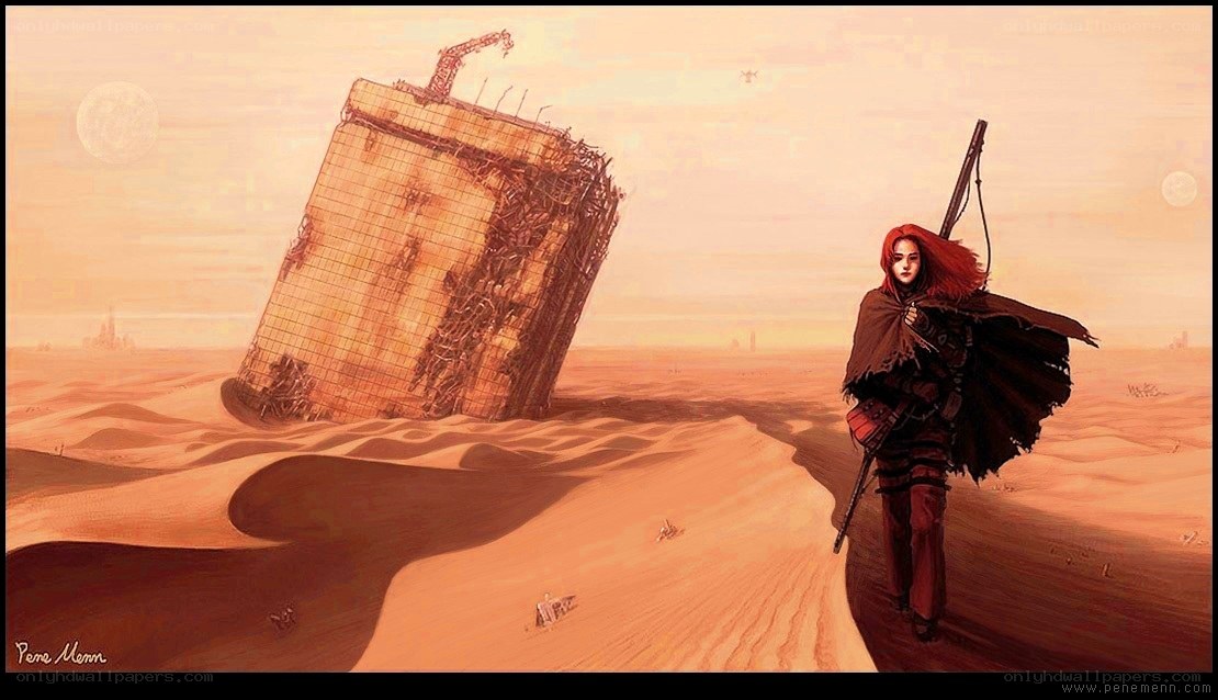 Desert traveler with fallen structure