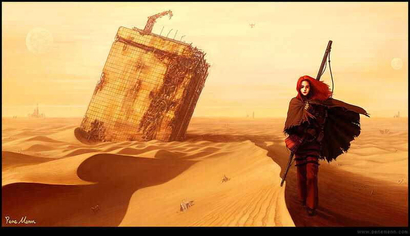 Desert traveler with ruined city