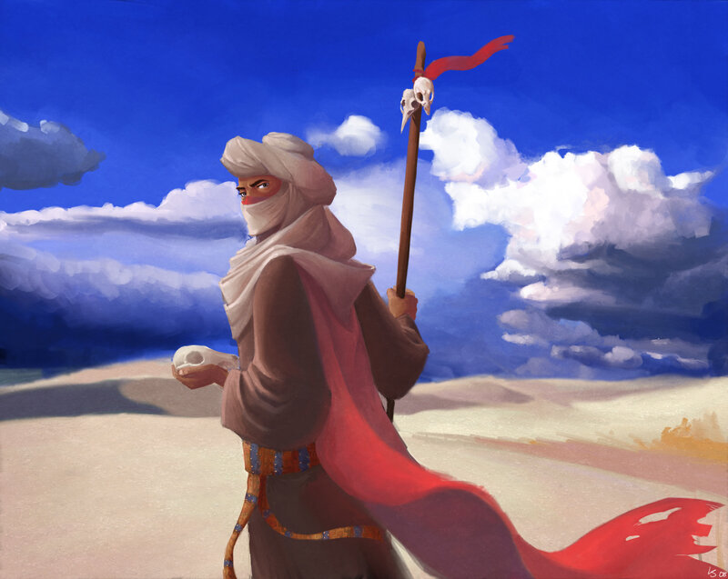 Desert Traveler with Staff — Blue
