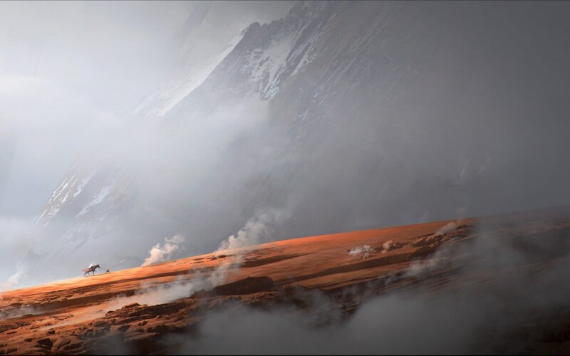 Desert travelers near a mountain