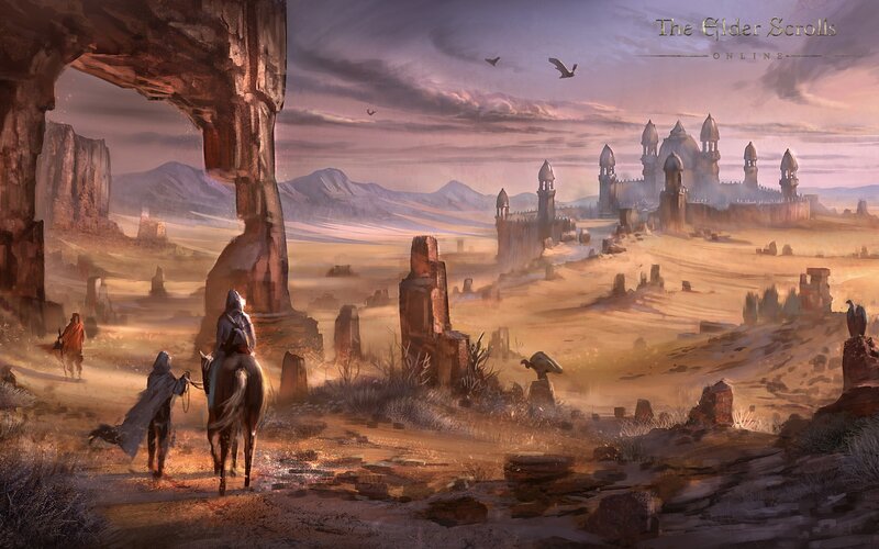 Desert travelers near ancient ruins