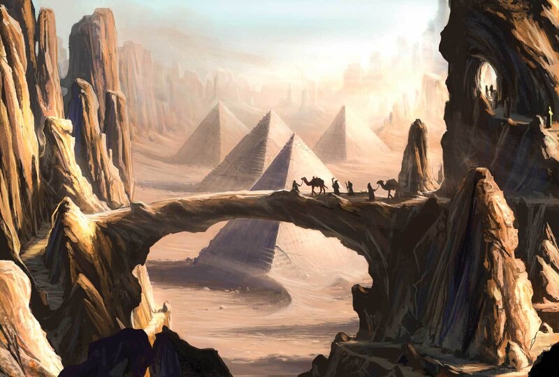 Desert travelers near pyramids