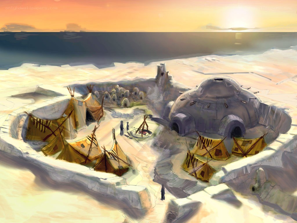 Desert village at sunset
