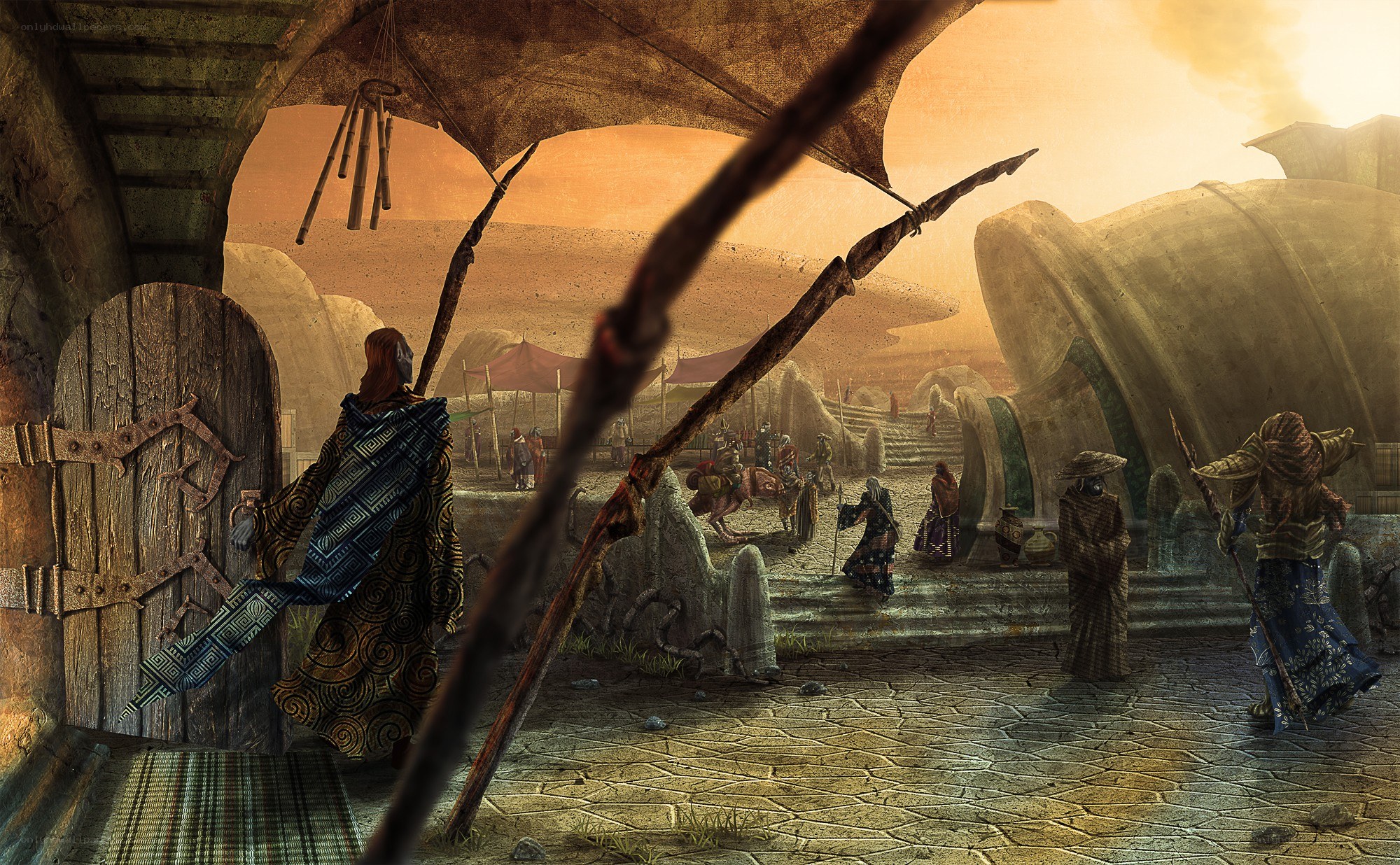 Desert village at sunset