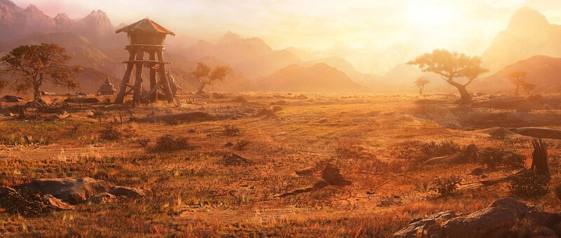 Desert watchtower at sunset