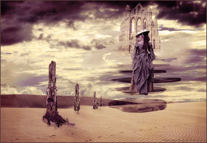 Desert with floating woman and ruins