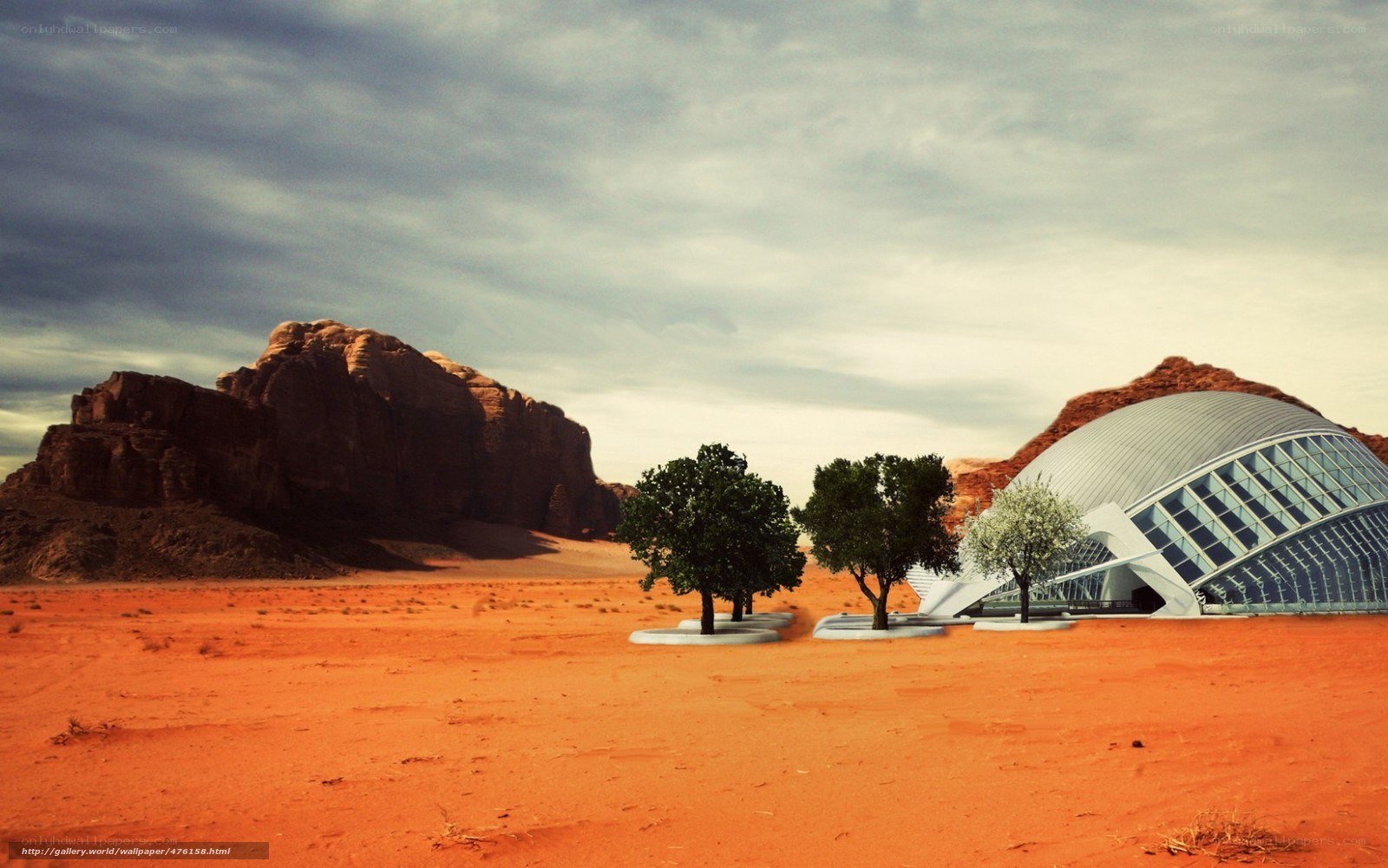 Desert with futuristic building