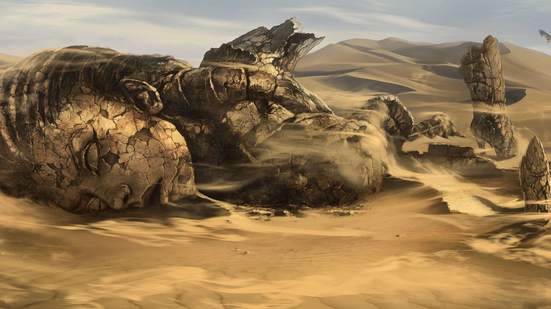 Desert with giant stone head