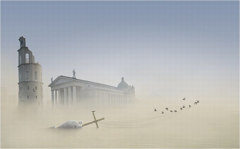 Deserted cathedral in fog