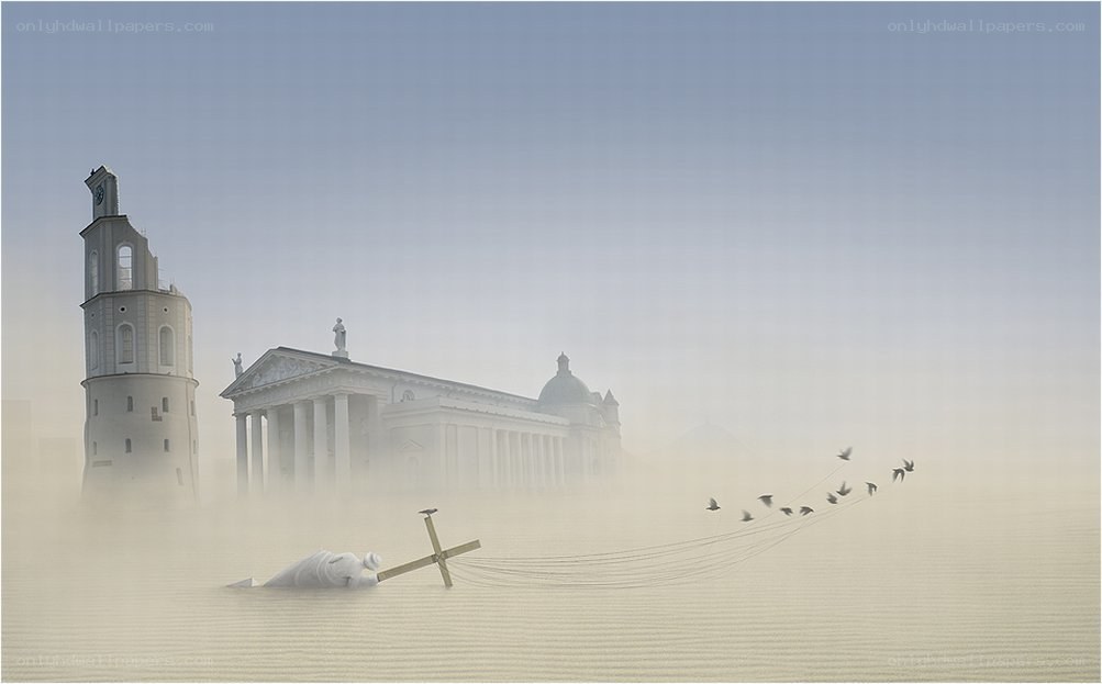 Deserted cathedral in fog