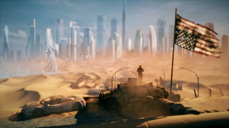 Deserted city with American flag
