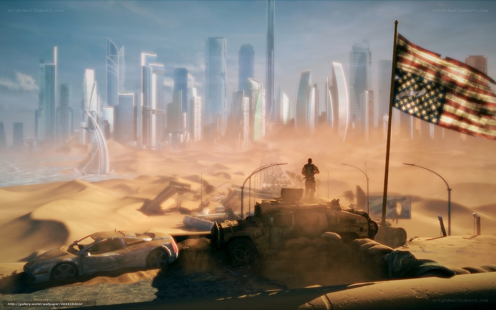 Deserted city with American flag