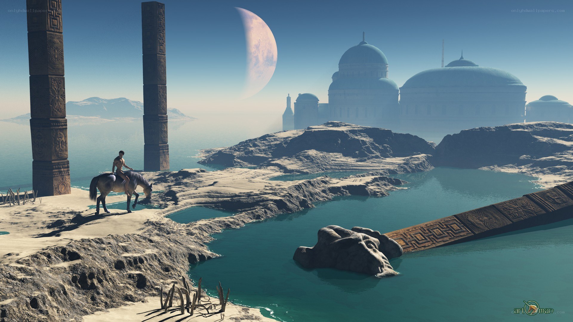 Deserted island with ancient ruins