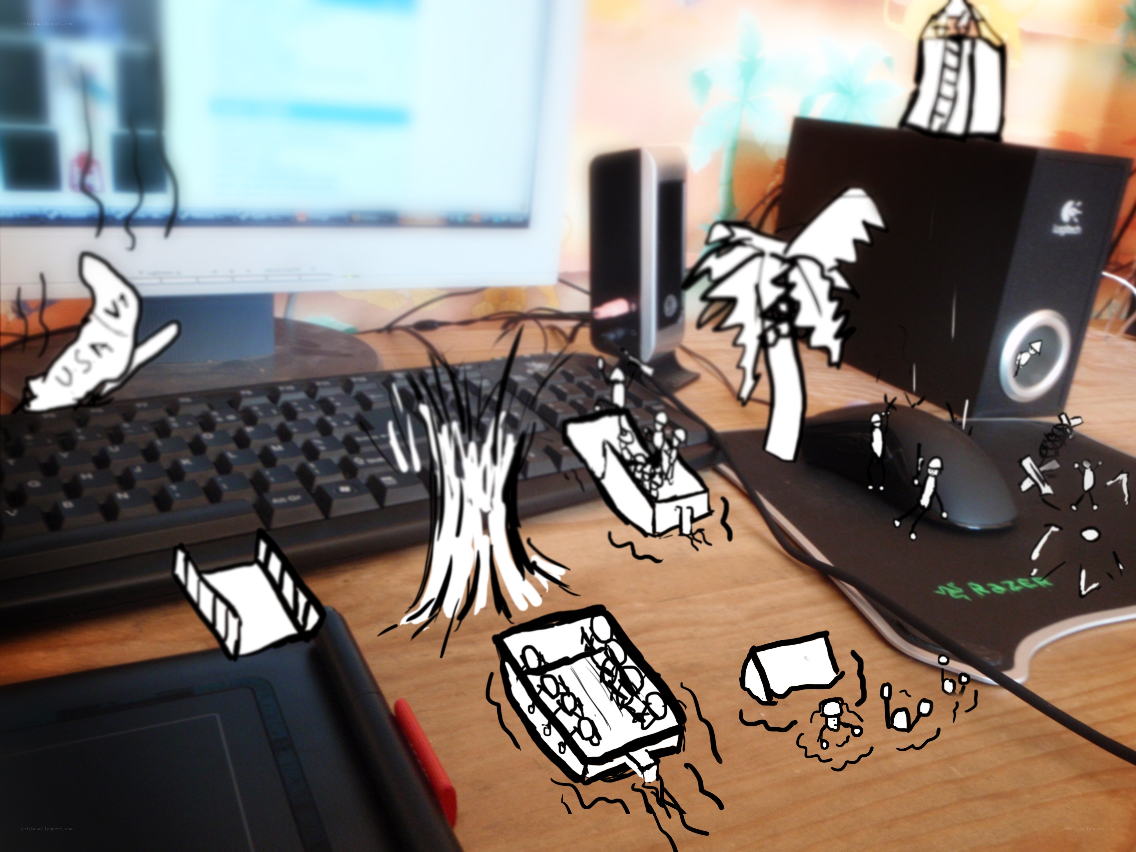 desk with cartoon doodles