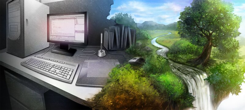 Desk with Computer and Nature