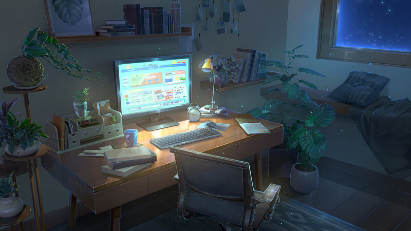 Desk with Computer at Night